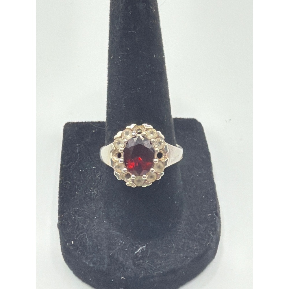 Vintage Thailand Silver Tone Oval Red Garnet Halo Cluster Ring Size 7.25